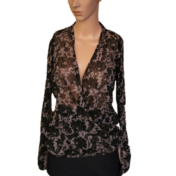 I.n.c sheer black and cream long sleeve top. Size L. EXCELLENT CONDITION! - Picture 2 of 5